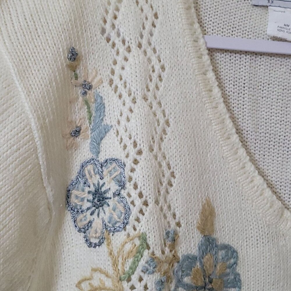 Vtg Jantzen Classics Ivory Floral Hand Embroidered Sweater M V-Neck Grandma - Picture 9 of 11
